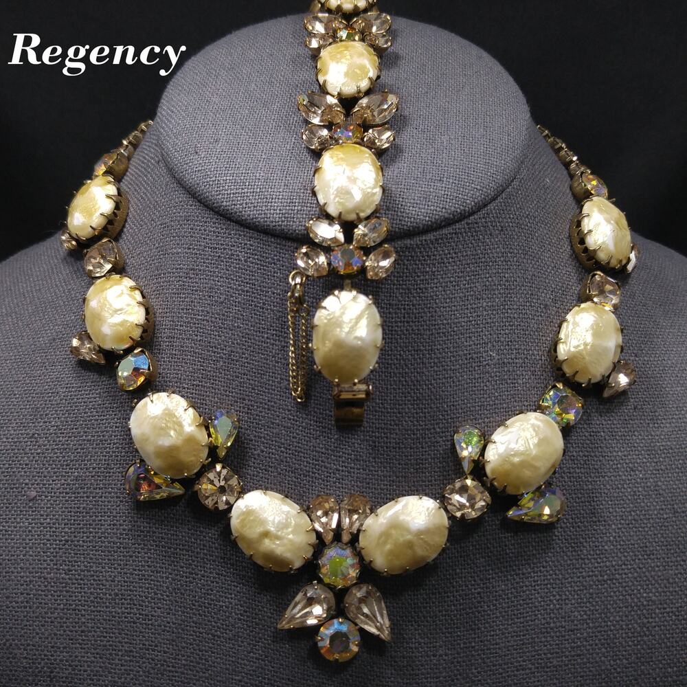 Regency Baroque Pearl Necklace Bracelet Set, Light Topaz AB Rhinestones, 1950s